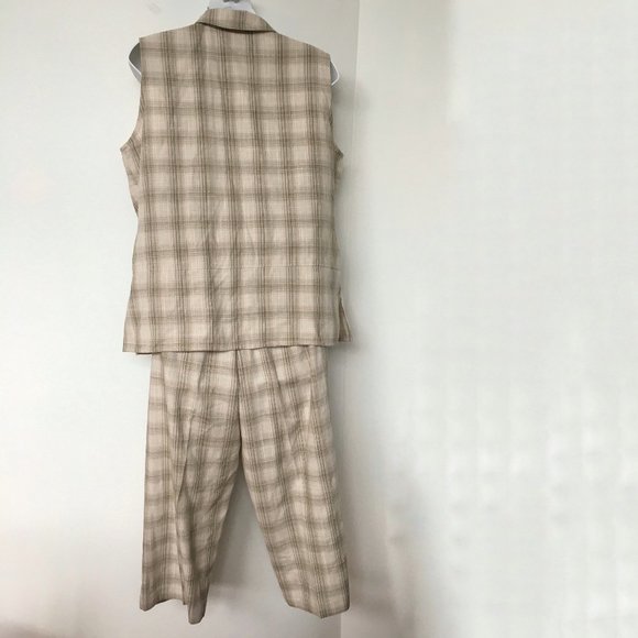 Vtg 2 Piece Set M Beige & Green Plaid Check - Picture 3 of 10